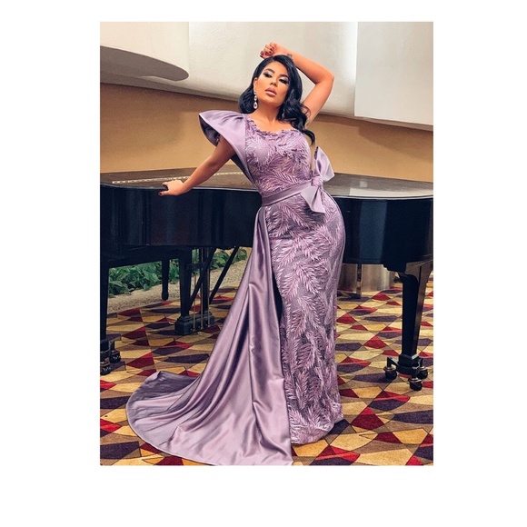 Purple long dress with detachable skirt. One shoulder